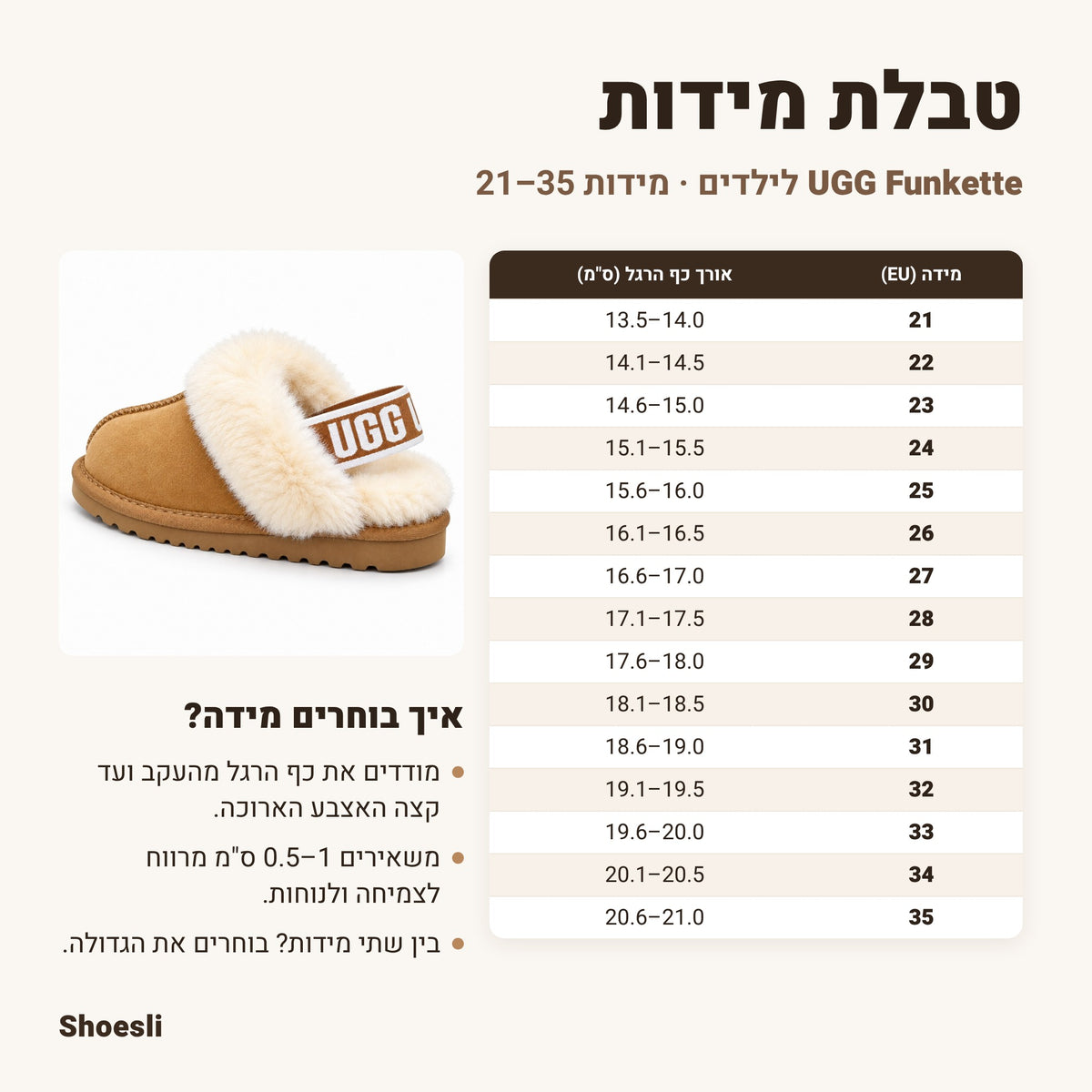 טבלת מידות UGG Funkette לילדים
