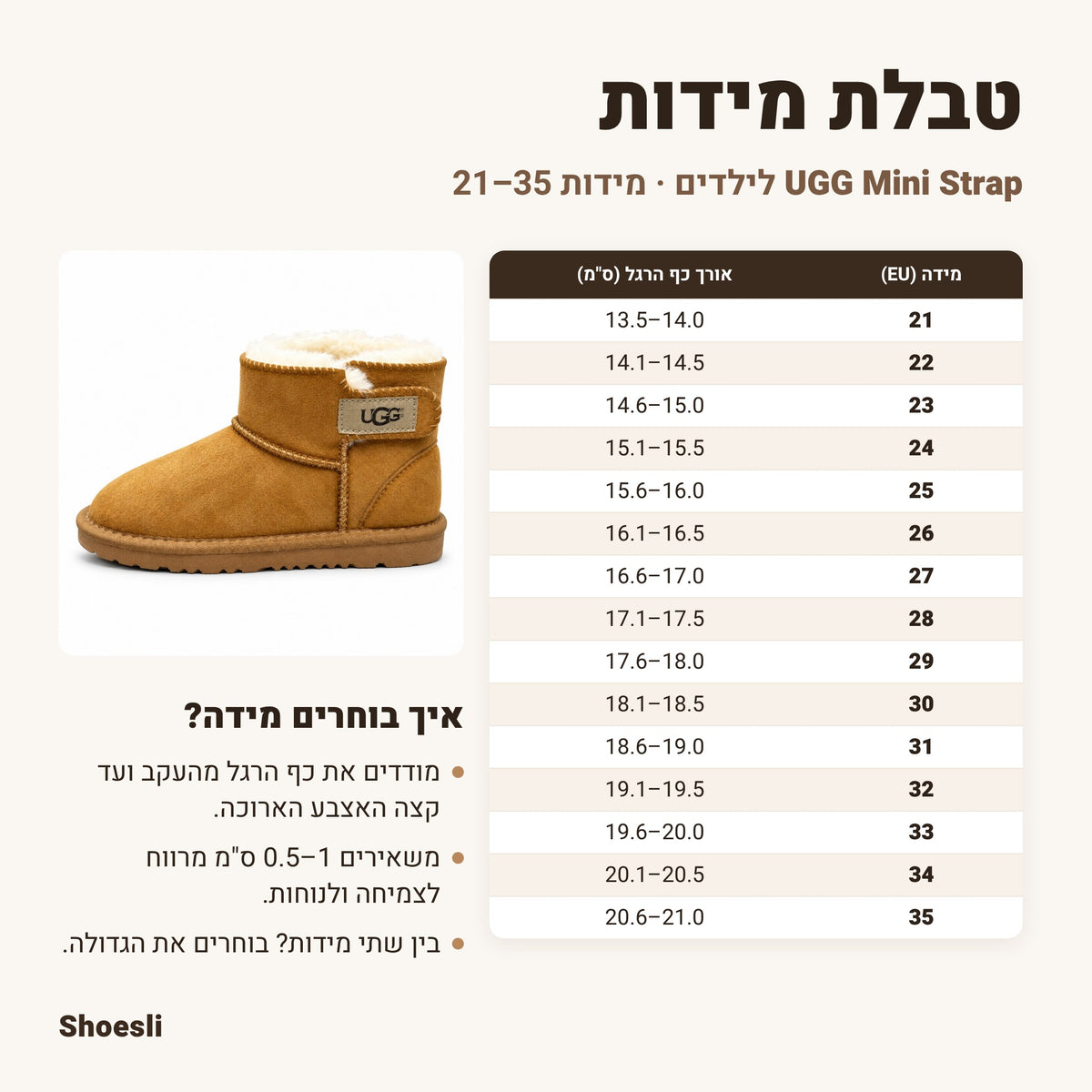 טבלת מידות מגפי UGG Mini Strap לילדים ורוד