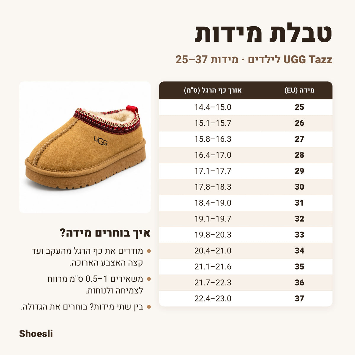 טבלת מידות UGG Tazz לילדים